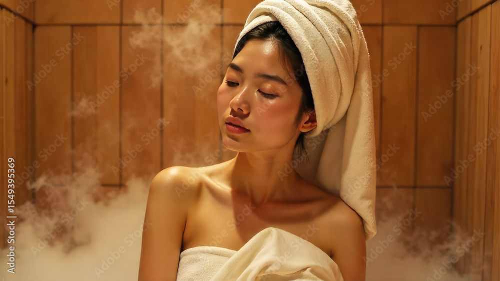 Fototapeta premium Asian young woman relaxes in a heated sauna, draped with a towel, in a traditional wooden steam room reminiscent
