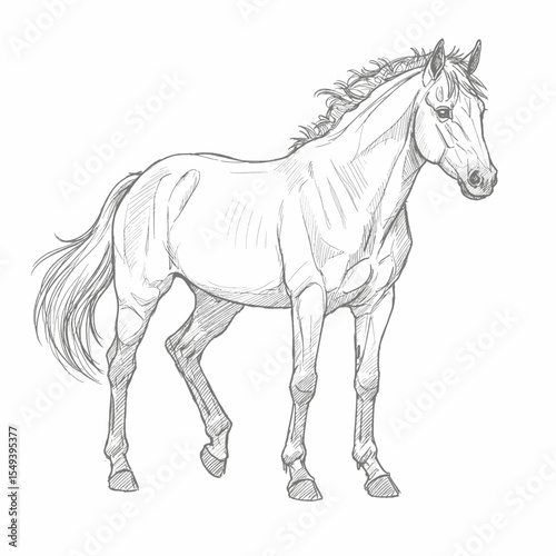 Somali Wild Ass – Equus africanus somaliensis. A hand-sketched donkey figure in a grazing posture within an open field. The illustration highlights shading and outline details on a white background