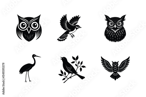 Black and white bird and owl silhouettes set