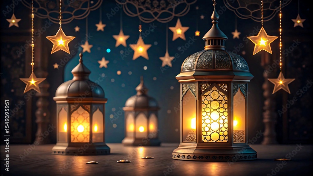 Fototapeta premium Decorative ramadan lanterns and glowing stars with festive lights at night 