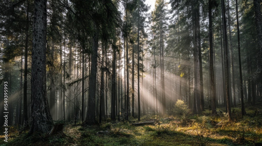 Misty evergreen forest at dawn with sun rays piercing through tall pines Misty evergreen forest at dawn with sun rays piercing through tall pines