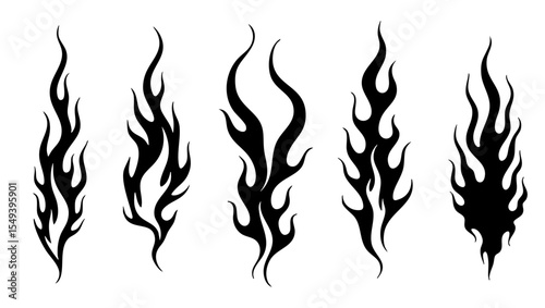 Retro Flame Silhouettes Vector Set – Classic 90s Hot Rod and Motorcycle Style in Black and White 