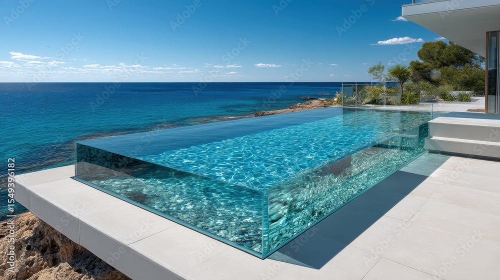 Fototapeta premium Modern glass-edged pool on cliff overlooking ocean