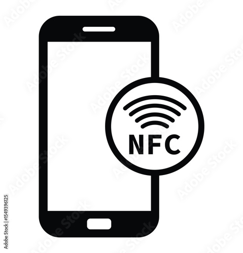 Minimalist black and white graphic of a smartphone with "NFC" on screen and wireless signal waves, symbolizing Near Field Communication technology in a clean, modern style.