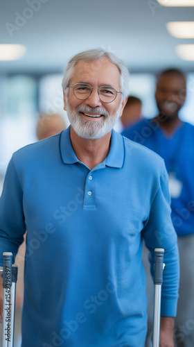 Seniors Relearning to Walk with Crutches in Rehabilitation Clinic
