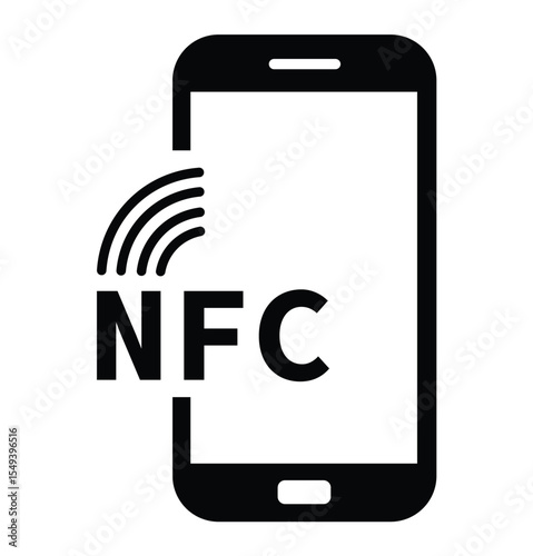 Minimalist black and white graphic of a smartphone with "NFC" on screen and wireless signal waves, symbolizing Near Field Communication technology in a clean, modern style.