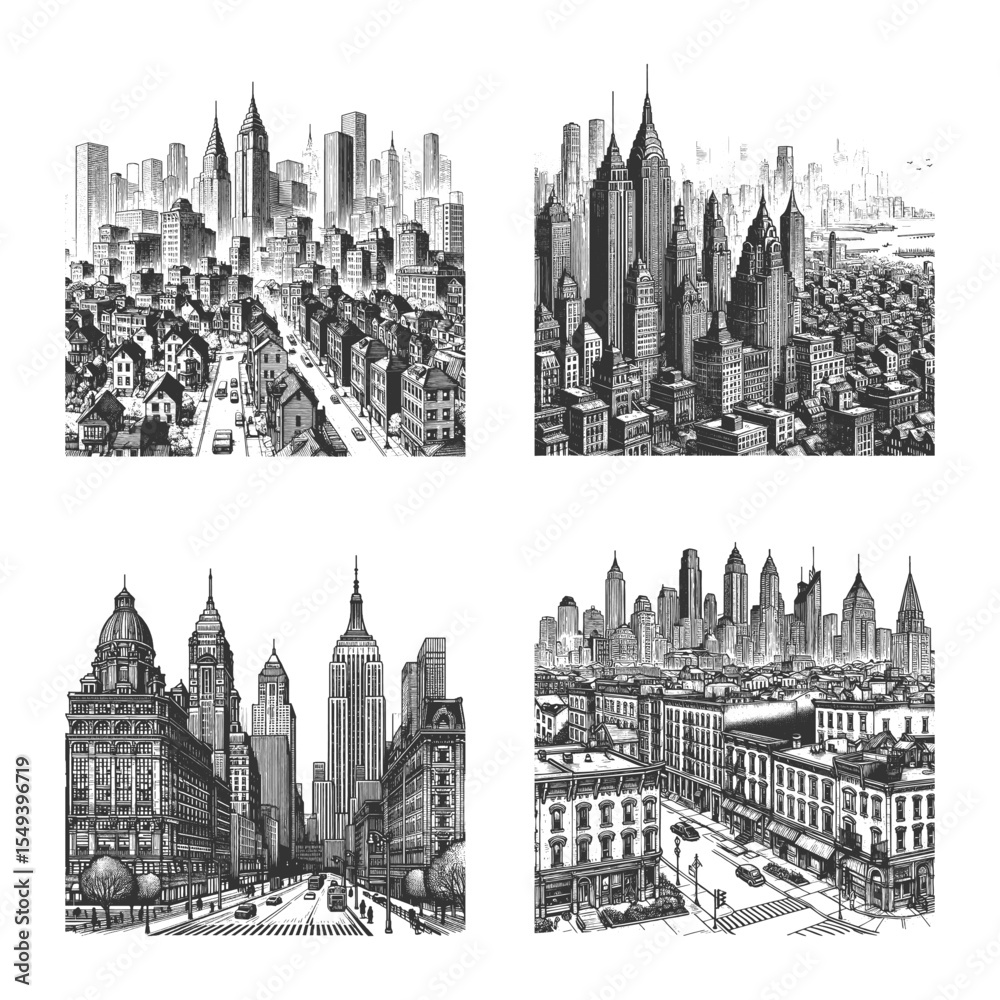 Fototapeta premium urban skylines, classic skyscrapers, and old city streets in engraving technique Set collection bundle sketch engraving generative ai vector illustration. Scratch board imitation. Black and white.