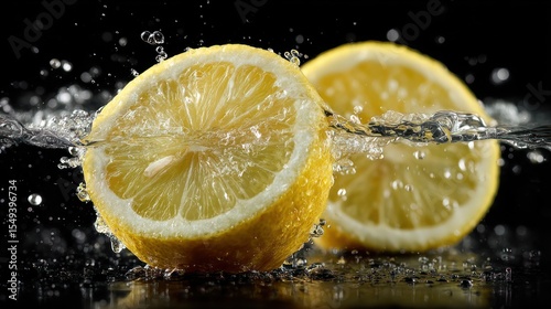 Lemon Slices Plunging into Water, Creating a Splash Against Dark Background