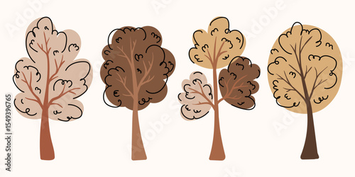 Autumn tree collection in hand drawn flat style. Artistic trees elements set. Fall forest tree icons in brown colors. Woods doodle symbols set.