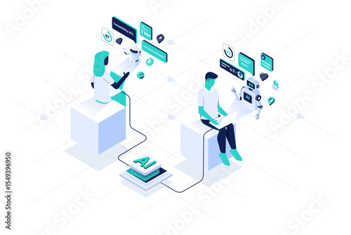 Trendy isometric illustration of a person interacting with a digital AI relationship coach. The scene shows a human character receiving dating advice from a floating AI avatar via tablet interface