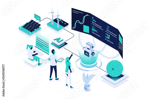 Modern isometric vector illustration featuring an AI assistant managing a sustainability control center. Ideal for topics related to eco technology, green energy, environmental monitoring, etc.