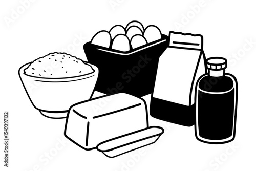 Stylized Baking Ingredients Line Art with Color Fills Illustration for Culinary Projects