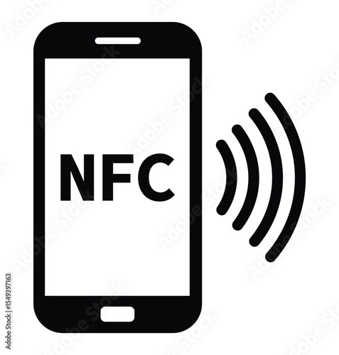 Minimalist black and white graphic of a smartphone with "NFC" on screen and wireless signal waves, symbolizing Near Field Communication technology in a clean, modern style.