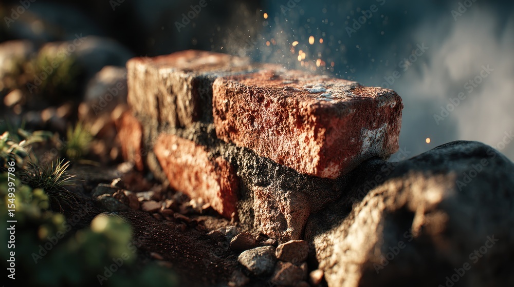 Fototapeta premium Weathered bricks forming a rustic wall, illuminated by gentle sunlight outdoors