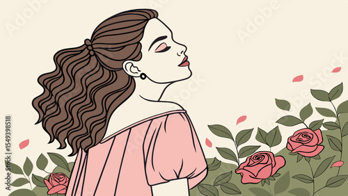 Beautiful young woman with long curly hair and perfect skin wearing pink linen dress posing near blooming roses in a garden. Nude make up. Close up portrait.
