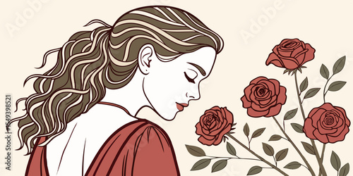 Beautiful young woman with long curly hair and perfect skin wearing red linen dress posing near blooming roses in a garden. Nude make up. Close up portrait.
