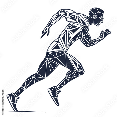 A futuristic logo for a sports technology brand. The logo should be an abstract runner, conveying speed and data through its fragmented, geometric form.