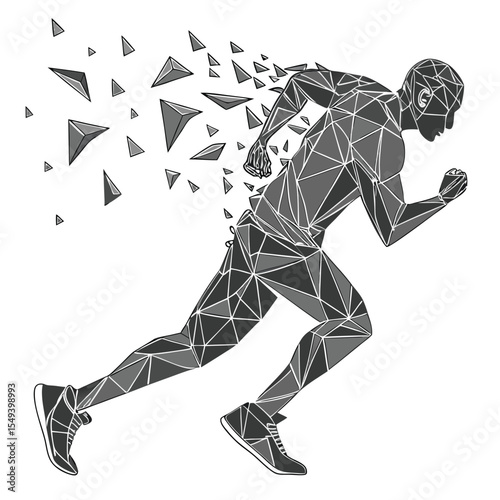 A dynamic vector illustration of a running man in a geometric, low-poly style.
