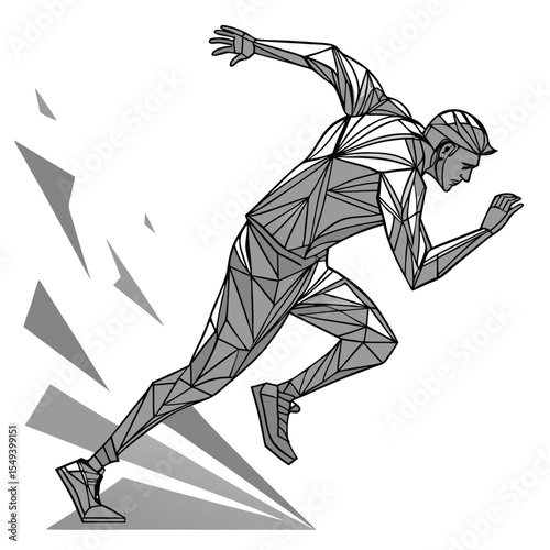 An abstract sculpture design of a runner made entirely from sharp, angular shapes, frozen in dynamic motion.