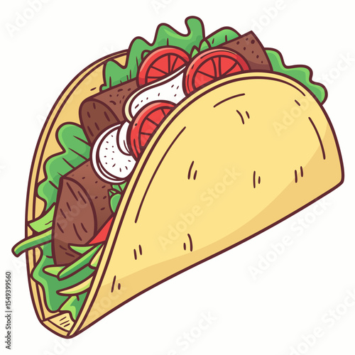 Delicious Cartoon Taco Filled with Meat Lettuce Tomatoes and White Sauce
