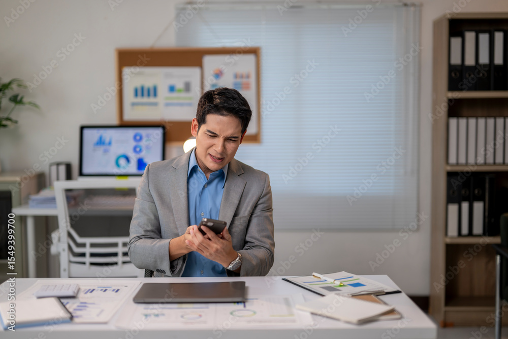 Fototapeta premium A man in a suit is looking at his cell phone while sitting at a desk with papers