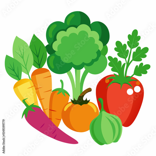 Colorful Cartoon Vegetable Medley Carrots Broccoli Tomato Pepper and Squash Illustration