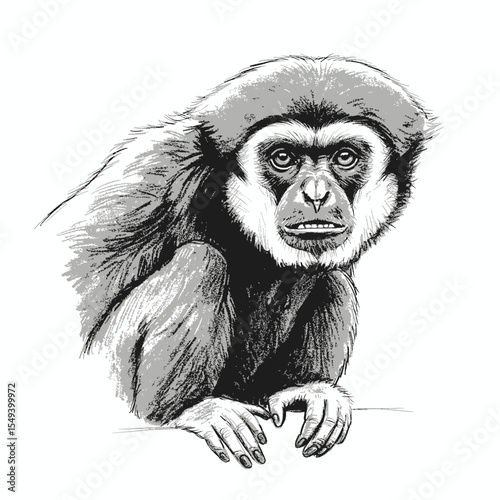  Pileated Gibbon – Hylobates pileatus. Drawing of a lar gibbon sitting on a branch. Suitable for naturethemed designs, wildlife illustrations, educational materials, and environmental campaigns.