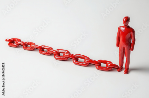 Red figurine standing next to a red chain