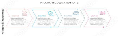 Infographic design template with four steps, each represented by colored arrows and icons, showing progress and data visualization in clean layout