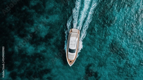 An elegant yacht navigates through vibrant blue ocean waters, epitomizing luxury and adventure, and inviting viewers to dream of idyllic escapes and sun-drenched vacations.