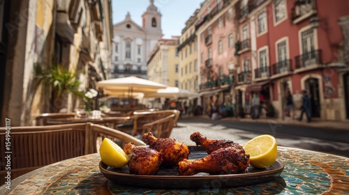 Fototapeta Naklejka Na Ścianę i Meble -  Piri-piri chicken drumsticks with lemon wedges on a softly blurred Portuguese street festival backdrop under perfect lighting