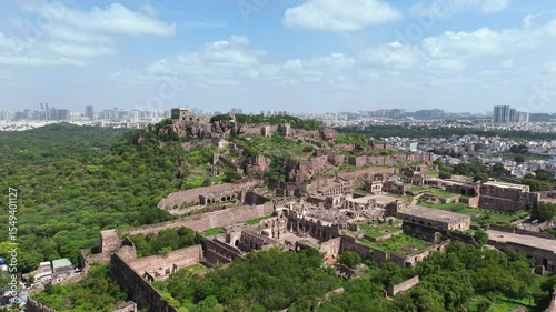 Hyderabad, India: Aerial view of famous Golconda Fort in capital and largest city of Indian state of Telangana - landscape panorama of South Asia from above
