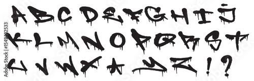 abstract black graffiti font collection with spray texture dripping ink white background