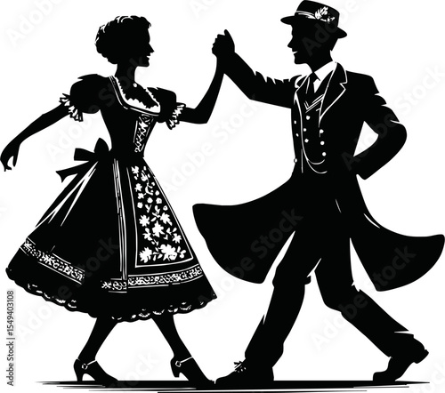 Silhouette of man and woman dancing in traditional German outfit vector style on white background