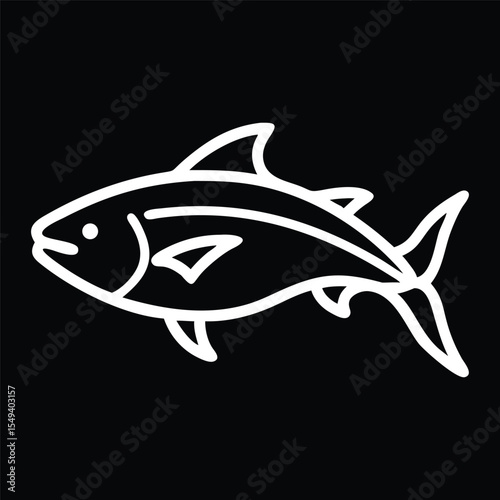 White Outline Tuna Fish Icon on Black Background.