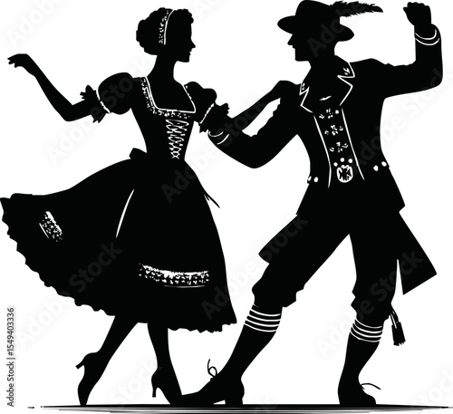 Silhouette of man and woman dancing in traditional German outfit vector style on white background