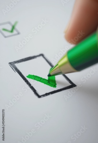 Mano con bolígrafo marcando una lista de verificación con una marca de chequeado verde