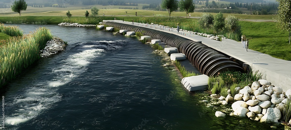 Naklejka premium Clean River System Featuring Environmentally Friendly Turbines Designed To Support Fish Migration And Promote Sustainable Hydropower Solutions