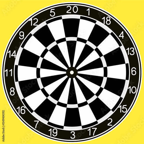 Black and white dartboard vector with numbered segments and circular rings on yellow background. Ideal for game icons, sport infographics, target goals, or pub-themed graphics.