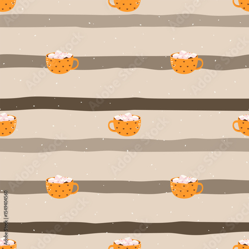 Seamless autumn vector pattern with tea, cocoa, and coffee mugs in cozy colors. Perfect for seasonal textiles, wrapping paper, and warm drink designs