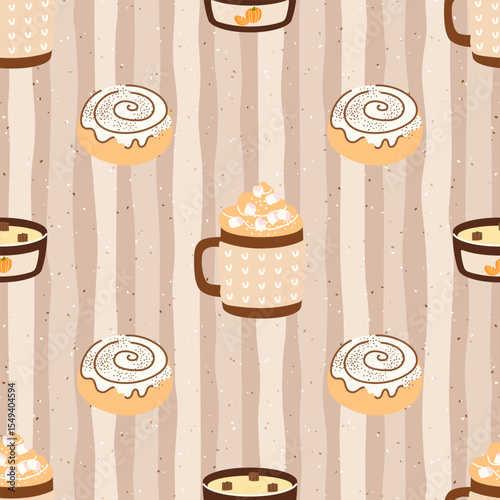 Autumn seamless vector pattern with cocoa, coffee, tea, cinnabons, and candles in warm autumn tones. Ideal for seasonal textiles, wrapping paper, and cozy design projects
