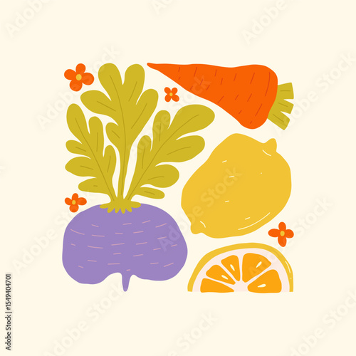 Abstract fruits and vegetables elements. Modern trendy minimalist. Healthy Food. Hand drawn design for wallpaper, wall decor, print, postcard, cover, template, banner.