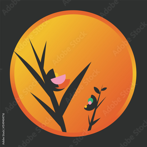 Black flowers in round frame. Vector illustration.