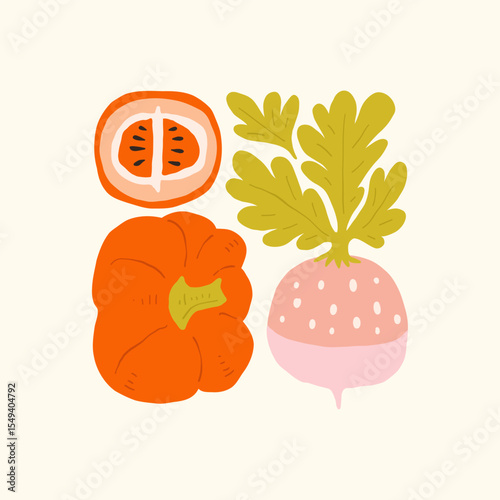 Abstract fruits and vegetables elements. Modern trendy minimalist. Healthy Food. Hand drawn design for wallpaper, wall decor, print, postcard, cover, template, banner.