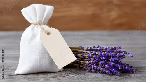Calm and natural scene with dried lavender flower bundle and white cloth sachet bag on wooden table. For relaxing aromatherapy, wellness, or herbal gift with blank tag