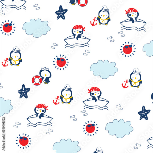 little penguin with sea beach all over pattern print illustrations vector art