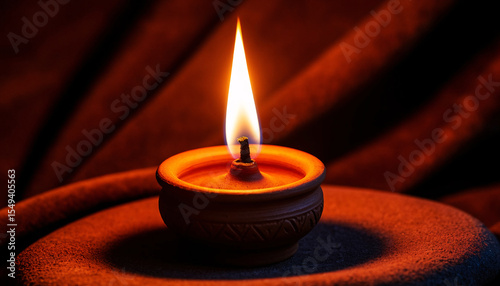 Single lamp on textured surface in low diffused light, center composition, warm tones, calm atmosphere