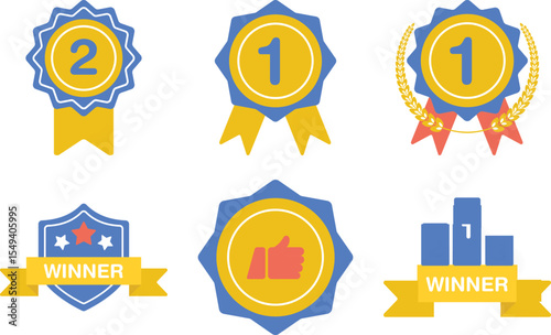 Sun vector award badge set with star and ribbon design elements