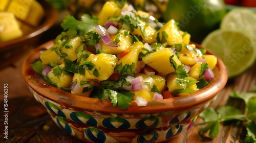 A mango and pineapple salsa served in a colorful bowl, with chunks of mango, pineapple, red onion, and cilantro creating a flavorful topping for grilled fish or chicken