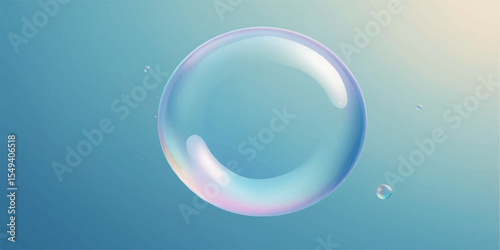 Transparent soap bubbles float on a blue sky, reflecting light like crystal spheres